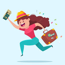 Premium Vector | Travel illustration with funny girl with a suitcase,  passport and boarding tickets. woman tourist cartoon character.